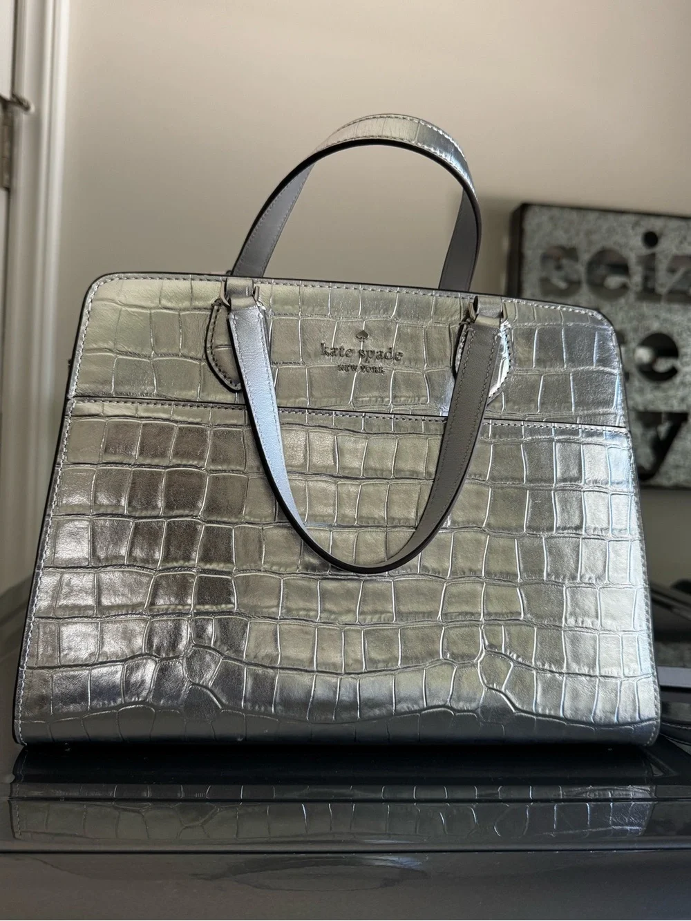 Kate Spade Silver Croc-Embossed Structured Tote